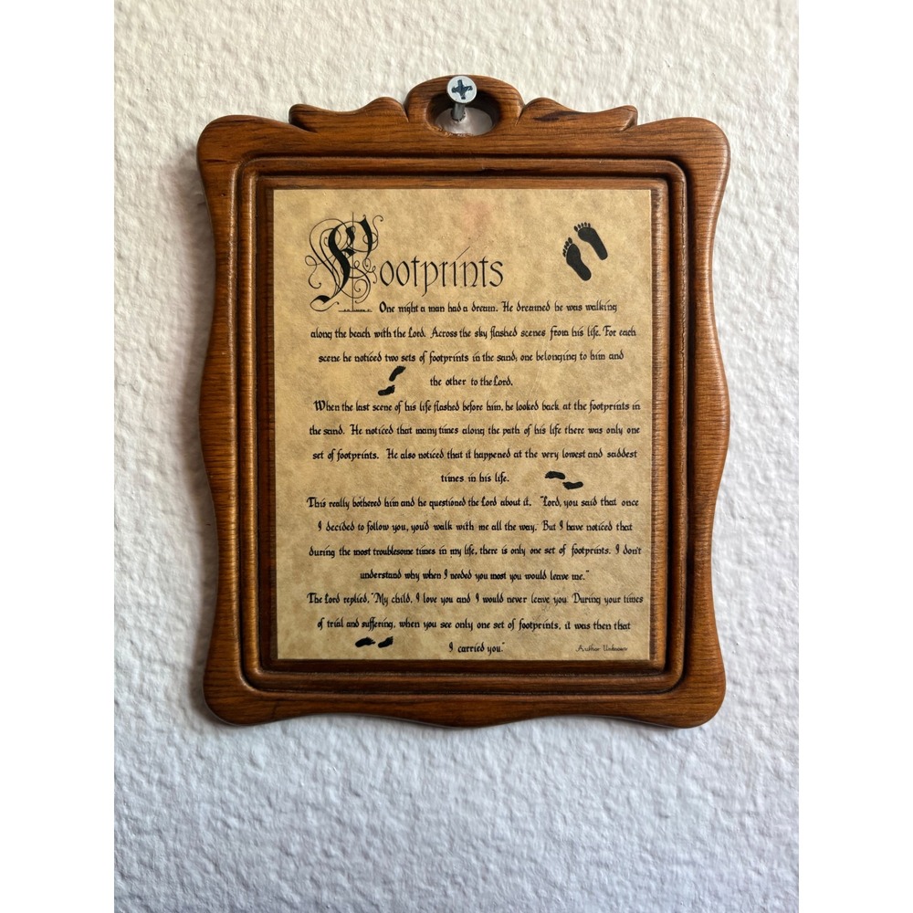 Vintage Footprints in the Sand Poem Wall Plaque Faux Wood Religious Home Decor